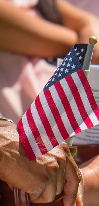 People holding American flags at an outdoor gathering, emphasizing patriotism.