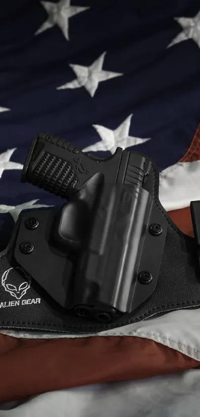 Gun holster on American flag wallpaper with dark design.