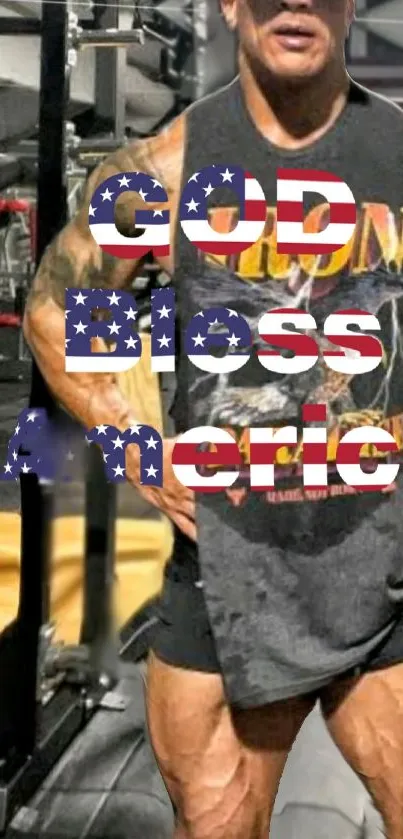 Muscular gym enthusiast with patriotic text overlay 'God Bless America'.