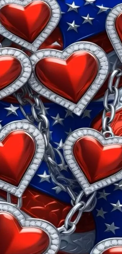 Patriotic wallpaper with chained red hearts and stars.