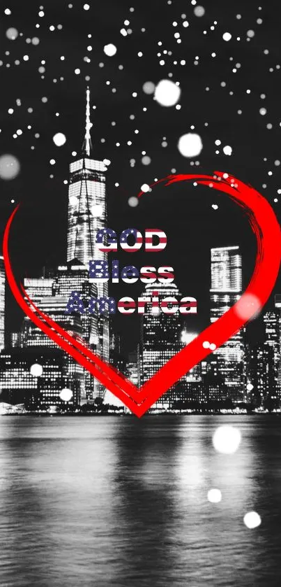 Red heart with cityscape, God Bless America message.