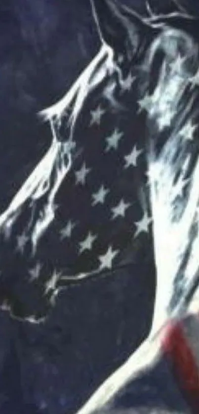 Horse with American flag pattern on dark blue background.