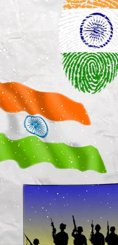 Indian flag and fingerprint design on mobile wallpaper with army silhouette.