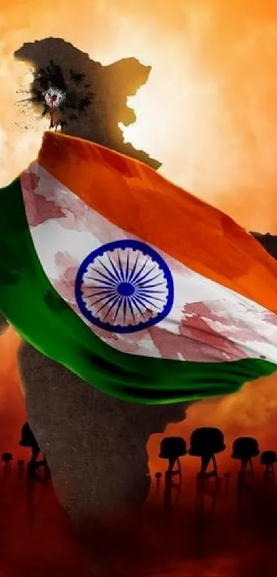 Indian flag draped over India's map with an orange sky background.