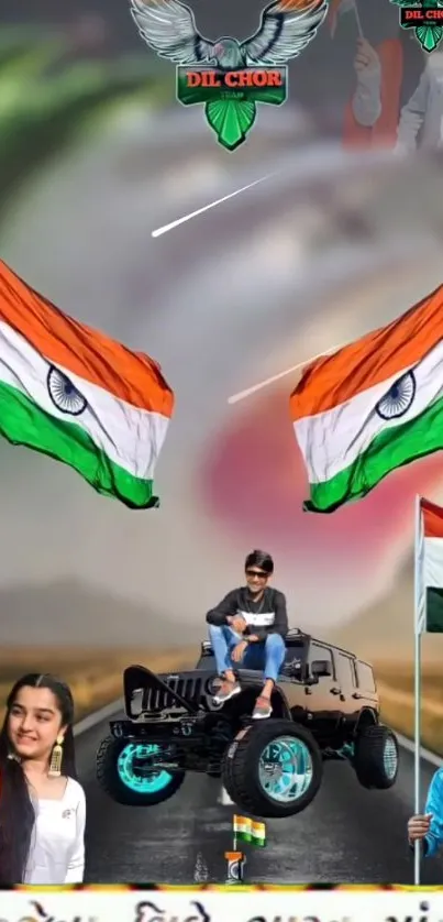 Patriotic wallpaper with Indian flags and Jeep.