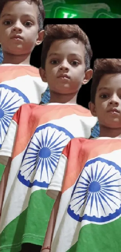 Kids in Indian flag shirts, green background.