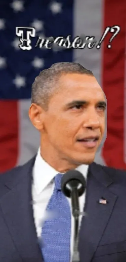 Leader speaking with American flag backdrop, embodying patriotism.