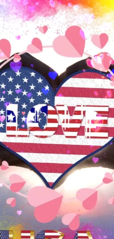 Heart-shaped USA flag with 'Love' text and pink hearts in a vibrant wallpaper.