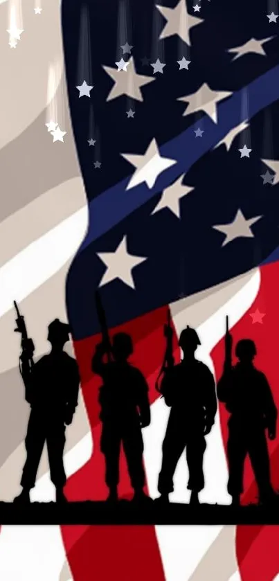 Silhouetted soldiers on American flag background.