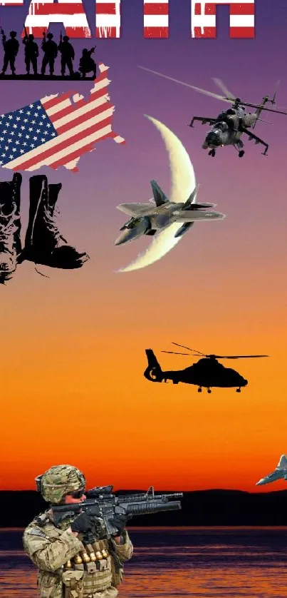 Patriotic military-themed wallpaper with soldiers, helicopters, and jets against a sunset sky.