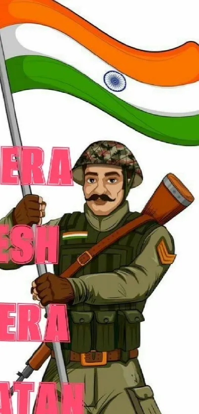 Soldier holding Indian flag with bold patriotic text on mobile wallpaper.