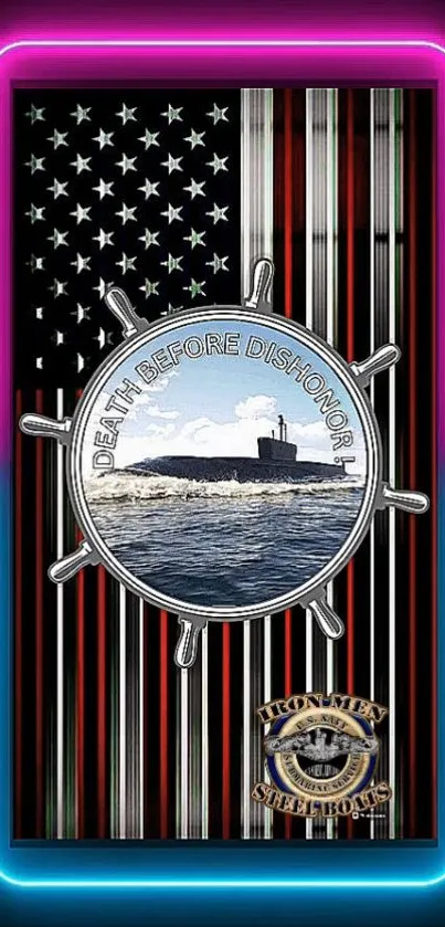 Patriotic submarine mobile wallpaper with neon border.