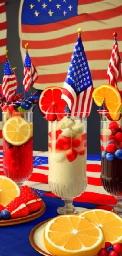 Colorful drinks and American flags wallpaper, perfect for a festive mobile background.