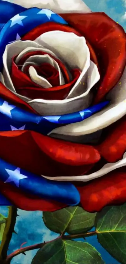 Red, white, and blue rose with American flag design in vibrant colors.