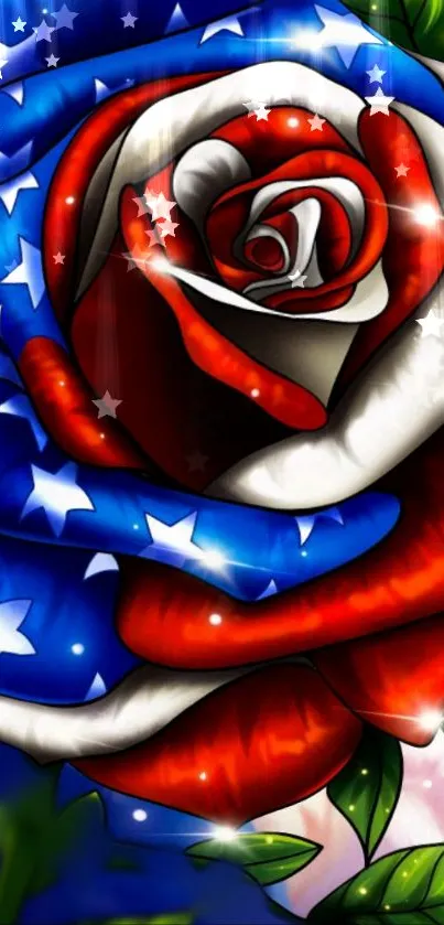 Patriotic rose wallpaper with red, white, blue colors and stars.