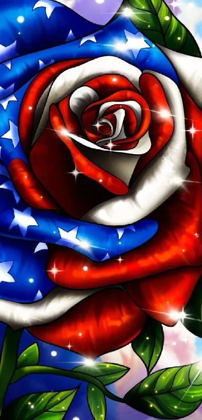 Patriotic rose with butterfly in vivid colors on a mobile wallpaper.