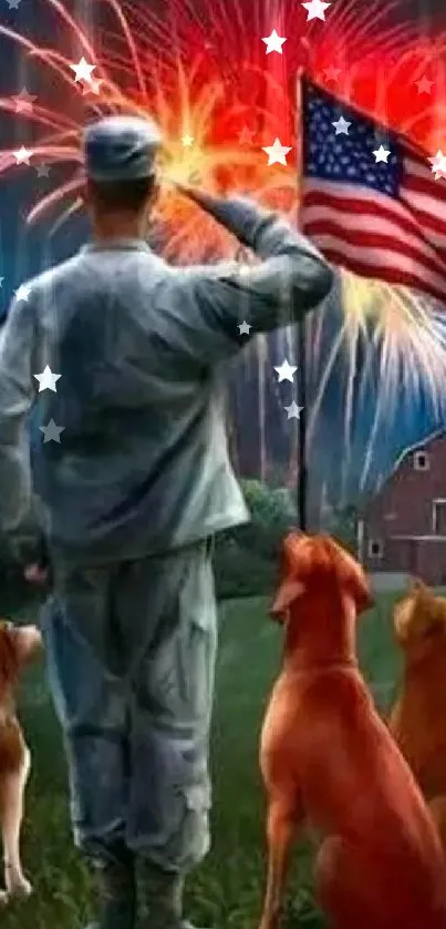 Patriotic wallpaper with soldier, dogs, and American flag under fireworks.