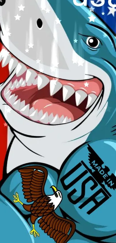 Cartoon shark with USA symbols in patriotic wallpaper.