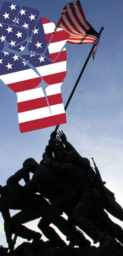 Silhouette of soldiers raising American flag with patriotic elements.