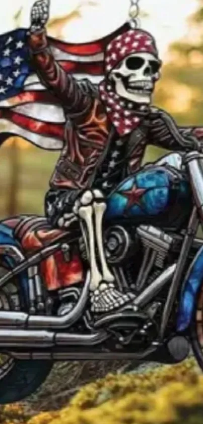 Skeleton riding motorcycle with American flag in background.
