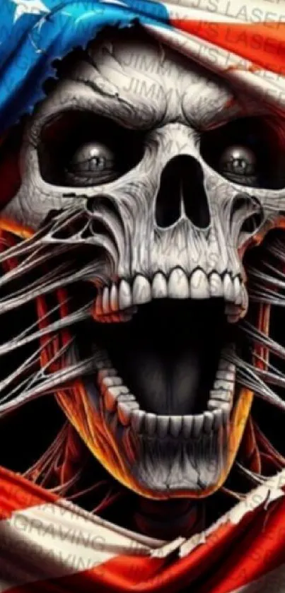 Skeleton gripping USA flag with dynamic style.