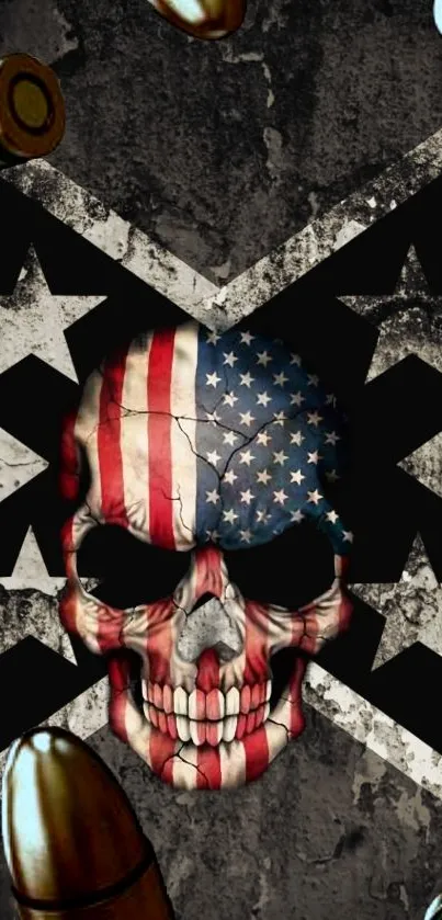 Mobile wallpaper of a skull with American flag decoration and bullets.