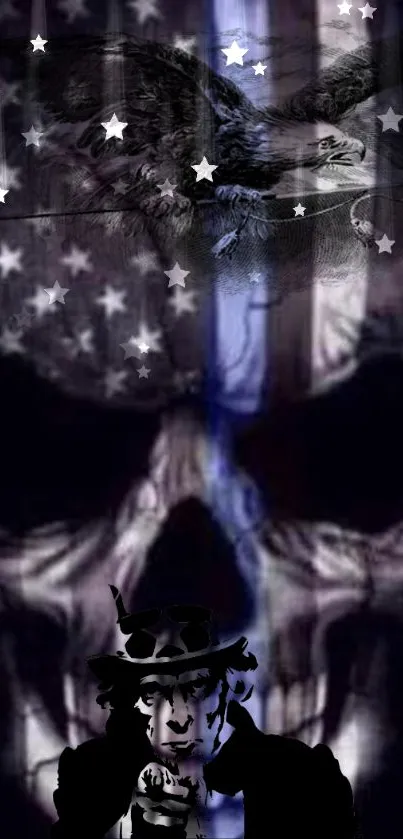 Patriotic skull with American flag and eagle art wallpaper.