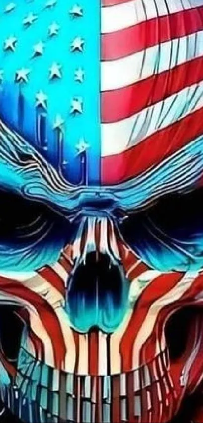 Skull with American flag design on abstract background.