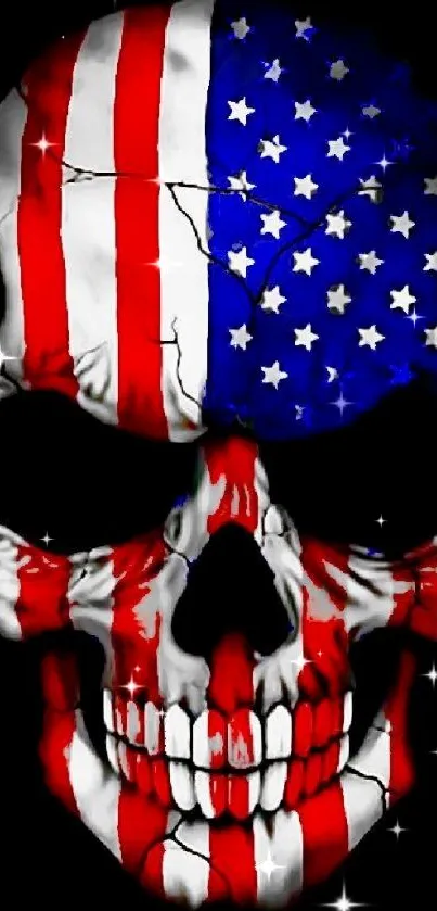 Patriotic skull with American flag design, bold smartphone wallpaper.