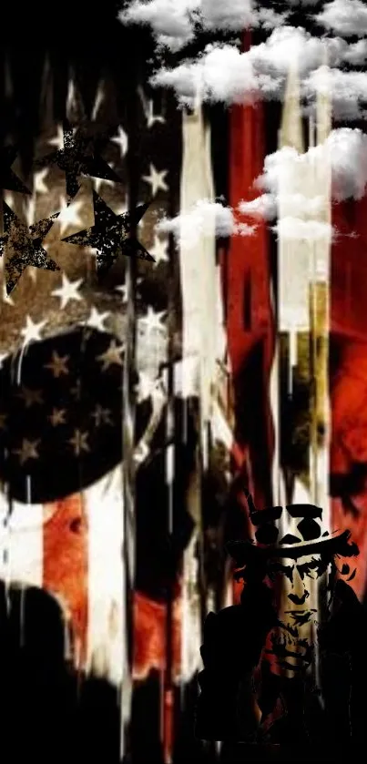 Patriotic skull design with American flag and abstract elements for mobile wallpaper.