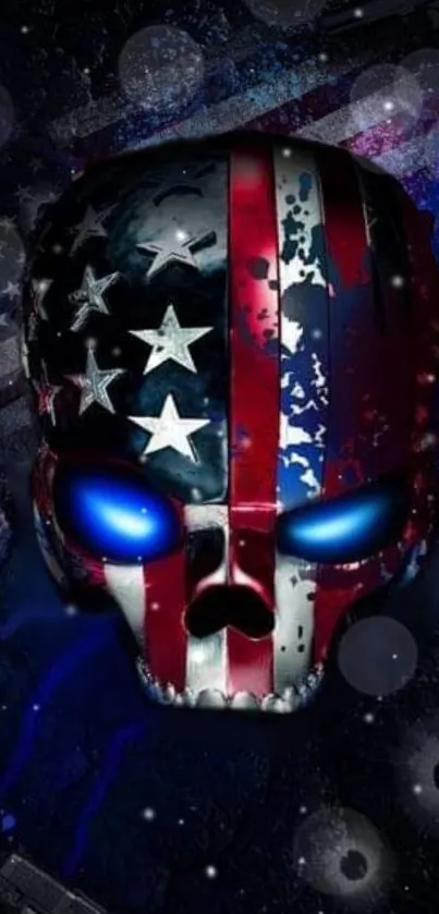 Patriotic skull with stars and stripes on a dark background.