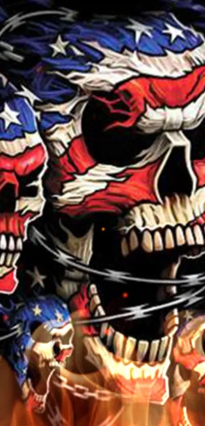 Patriotic skull wallpaper with American flag elements and vivid colors.