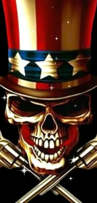 Patriotic skull with a top hat and crossed guns on a dark background.