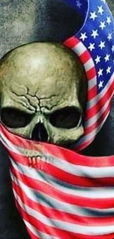 Skull wrapped in USA flag with dark background wallpaper.