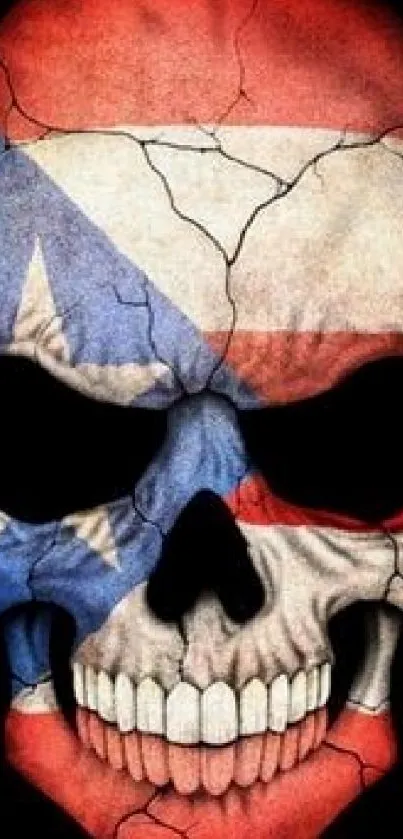 Patriotic skull wallpaper with cracked design and vibrant flag colors.