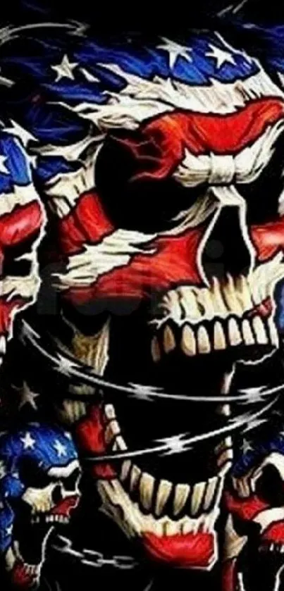 Patriotic skull design with American flag colors on dark background.