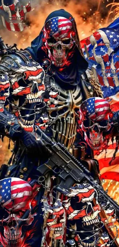 Patriotic skull warrior with American flag and fiery background.