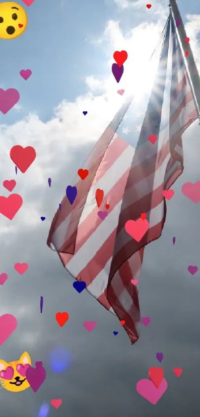 American flag illuminated by sunlight with emojis in the sky.