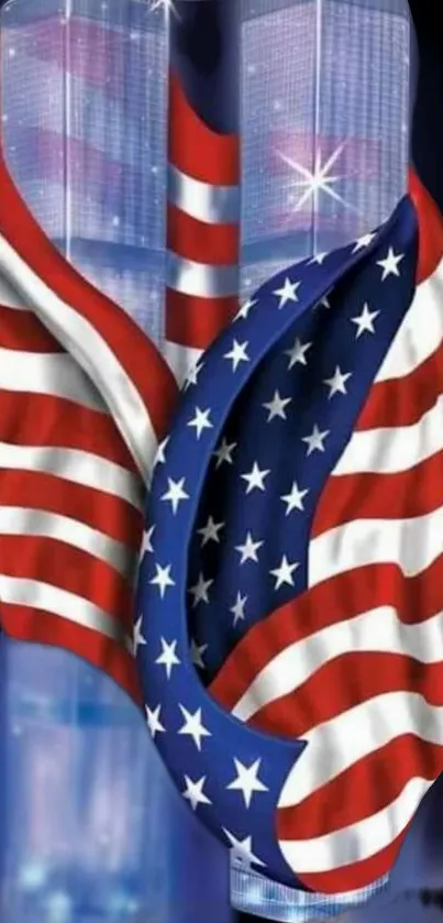 American flag draped over Twin Towers.