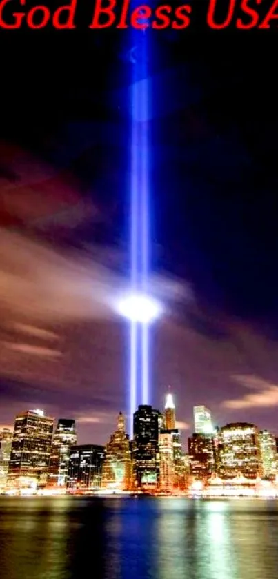 Powerful beam of light over a city skyline with God Bless USA text.