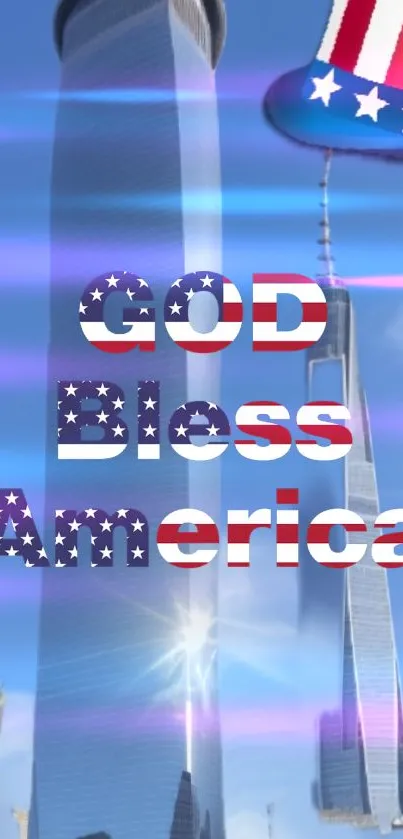 Patriotic wallpaper with skyscrapers and 'God Bless America' text.