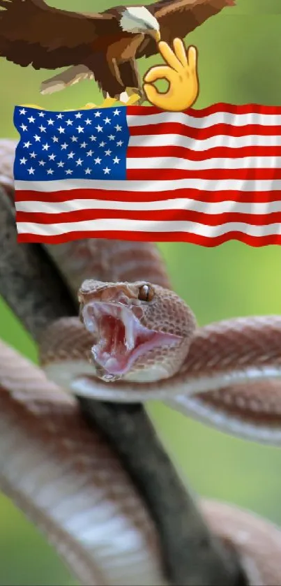 Snake wrapped around branch with American flag and eagle on a mobile wallpaper.