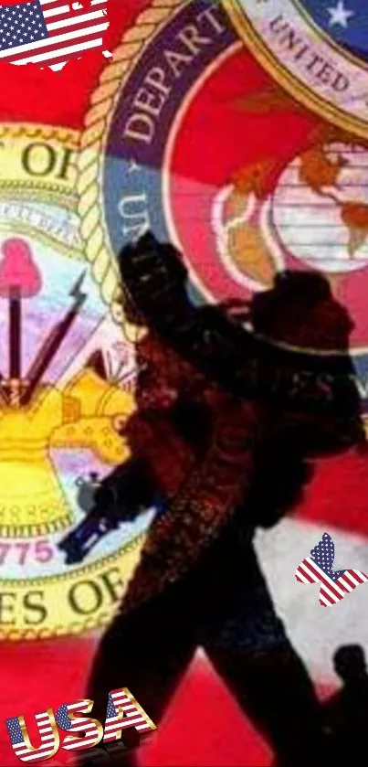 Silhouetted soldier with American flag background and USA emblems.