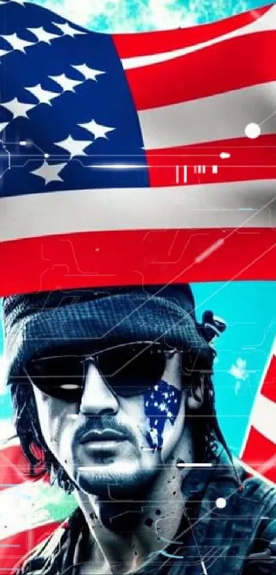 Patriotic soldier with American flag wallpaper art on mobile screen.