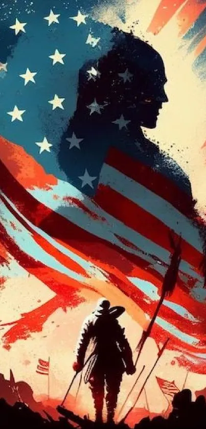 Patriotic American artwork with flag and silhouette in vibrant colors.