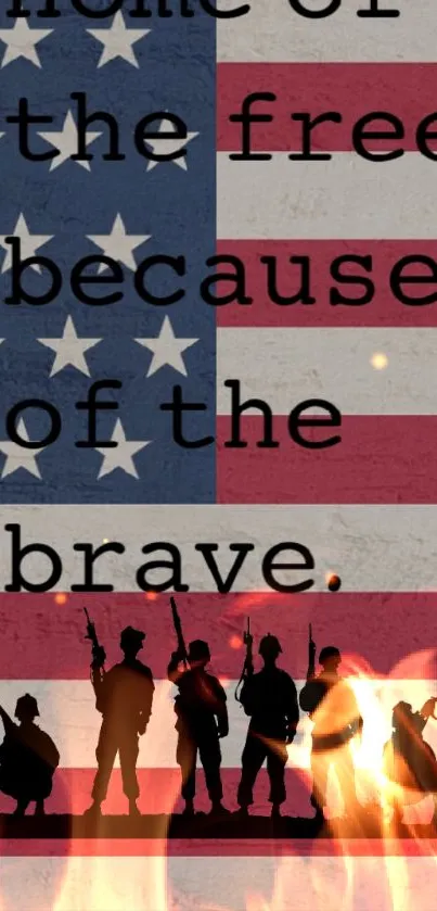 Silhouette of soldiers over a fiery American flag background, symbolizing freedom.