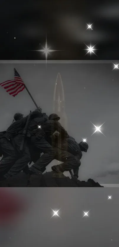 Soldiers raising a flag in grayscale, surrounded by stars.