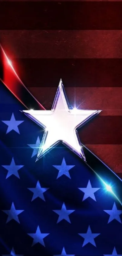 Patriotic mobile wallpaper with a glowing star and American flag.