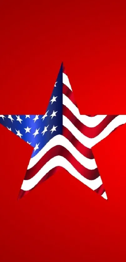 Patriotic star with American flag design on red background.