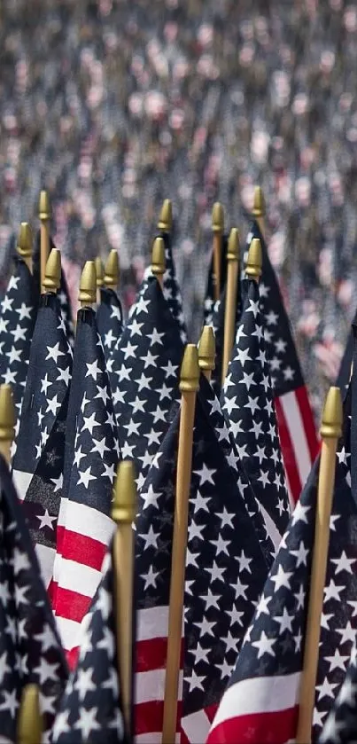 Close-up of multiple American flags waving in a patriotic display.